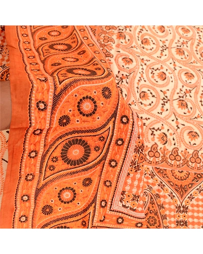 Sanskriti Vintage Sarees Indian Orange Pure Silk Printed Sari 5Yd Craft Fabric, PR-61884-Orange-Pure Silk-5