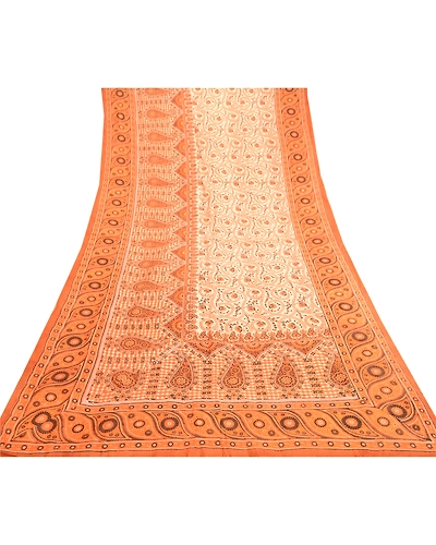 Sanskriti Vintage Sarees Indian Orange Pure Silk Printed Sari 5Yd Craft Fabric, PR-61884-Orange-Pure Silk-7