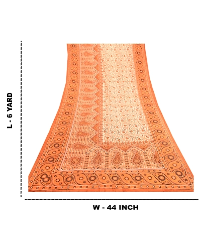 Sanskriti Vintage Sarees Indian Orange Pure Silk Printed Sari 5Yd Craft Fabric, PR-61884-Orange-Pure Silk-8