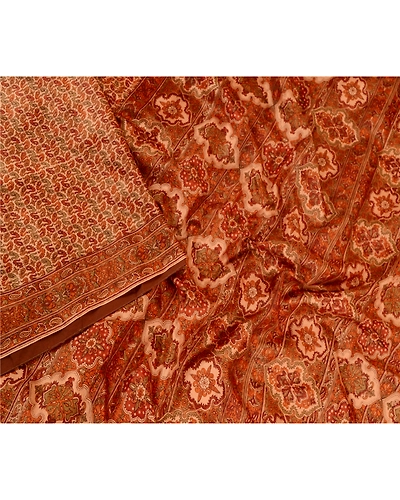 Sanskriti Vintage Sarees Indian Brown Pure Silk Printed Sari Floral Craft Fabric, PR-61886-Brown-Pure Silk-2