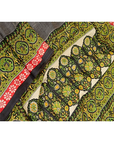 Sanskriti Vintage Sarees Black Indian Printed Pure Silk Sari 5Yd Craft Fabric, PR-61888-Black-Pure Silk-1