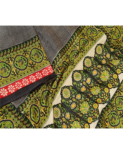 Sanskriti Vintage Sarees Black Indian Printed Pure Silk Sari 5Yd Craft Fabric, PR-61888-Black-Pure Silk-2