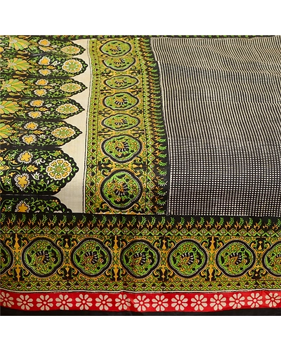 Sanskriti Vintage Sarees Black Indian Printed Pure Silk Sari 5Yd Craft Fabric, PR-61888-Black-Pure Silk-3