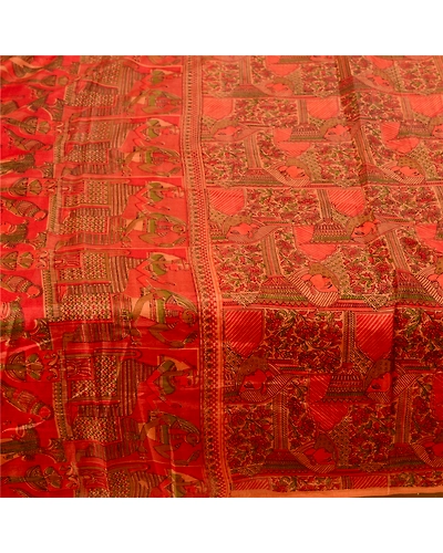 Sanskriti Vintage Sarees Indian Red Pure Silk Women Printed Sari Craft Fabric, PR-61896-Red-Pure Silk-3