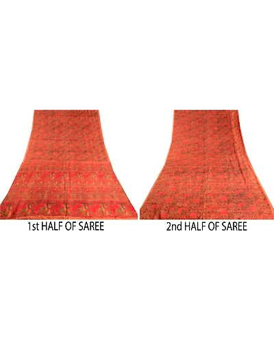 Sanskriti Vintage Sarees Indian Red Pure Silk Women Printed Sari Craft Fabric, PR-61896-Red-Pure Silk-4
