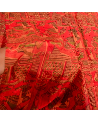 Sanskriti Vintage Sarees Indian Red Pure Silk Women Printed Sari Craft Fabric, PR-61896-Red-Pure Silk-5