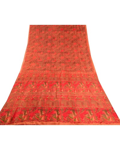 Sanskriti Vintage Sarees Indian Red Pure Silk Women Printed Sari Craft Fabric, PR-61896-Red-Pure Silk-7