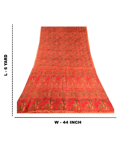 Sanskriti Vintage Sarees Indian Red Pure Silk Women Printed Sari Craft Fabric, PR-61896-Red-Pure Silk-8