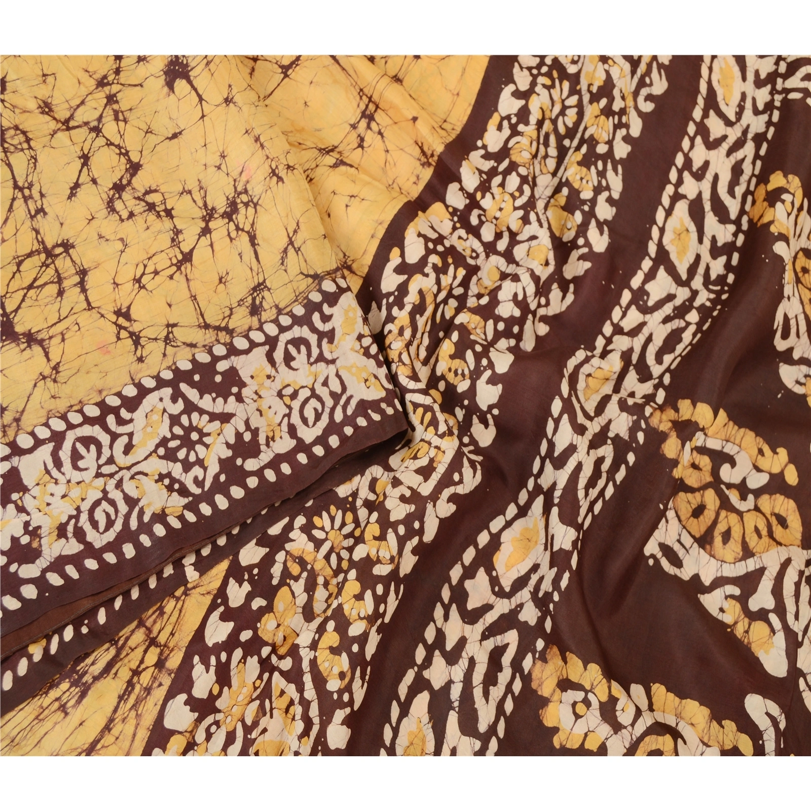 Sanskriti Vintage Sarees Indian Yellow Batik Printed Pure Silk Sari Craft Fabric, PR-61903-Yellow-Pure Silk-2