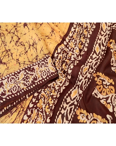 Sanskriti Vintage Sarees Indian Yellow Batik Printed Pure Silk Sari Craft Fabric, PR-61903-Yellow-Pure Silk-2