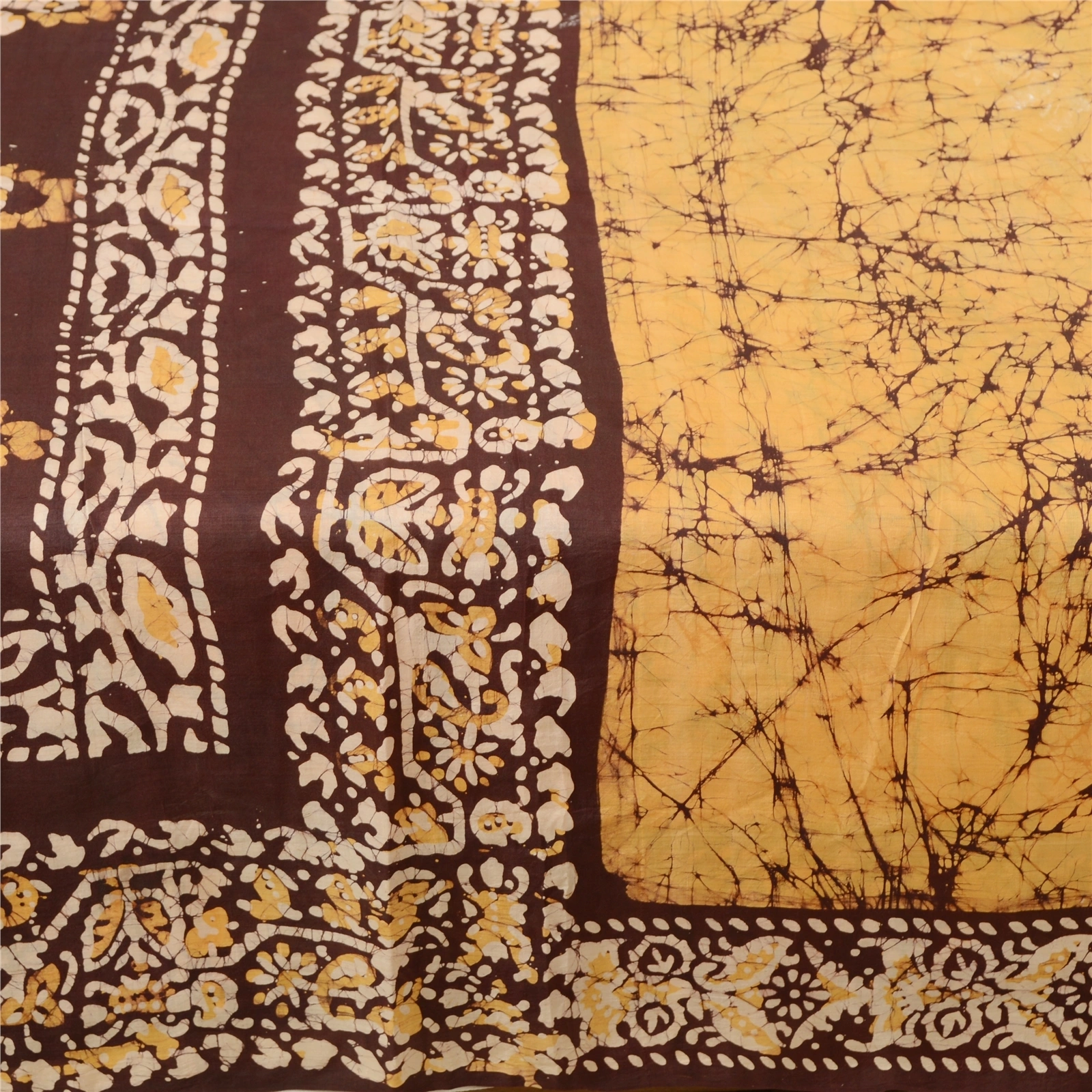 Sanskriti Vintage Sarees Indian Yellow Batik Printed Pure Silk Sari Craft Fabric, PR-61903-Yellow-Pure Silk-3