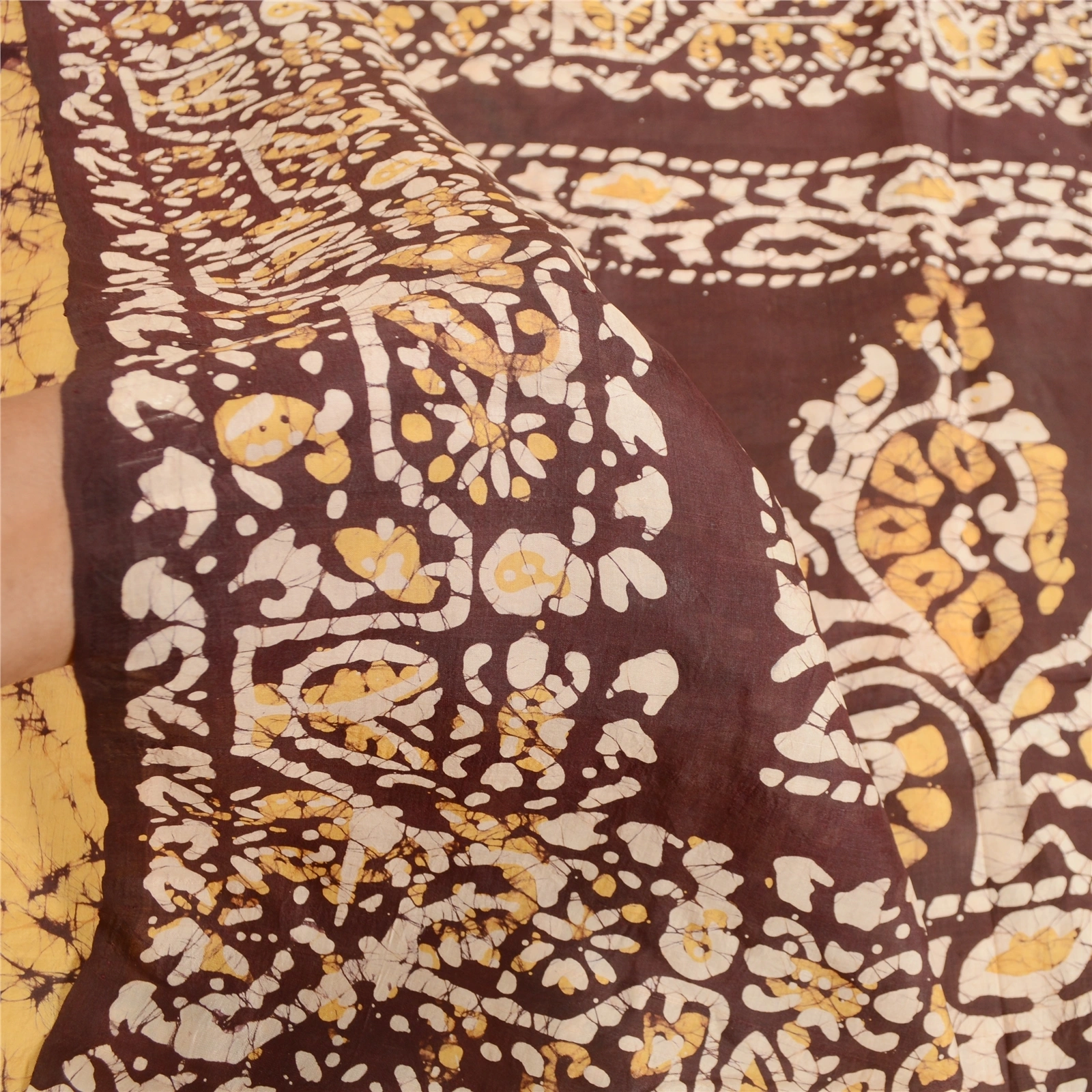 Sanskriti Vintage Sarees Indian Yellow Batik Printed Pure Silk Sari Craft Fabric, PR-61903-Yellow-Pure Silk-5