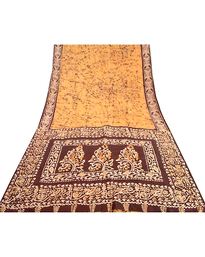 Sanskriti Vintage Sarees Indian Yellow Batik Printed Pure Silk Sari Craft Fabric, PR-61903-Yellow-Pure Silk-7