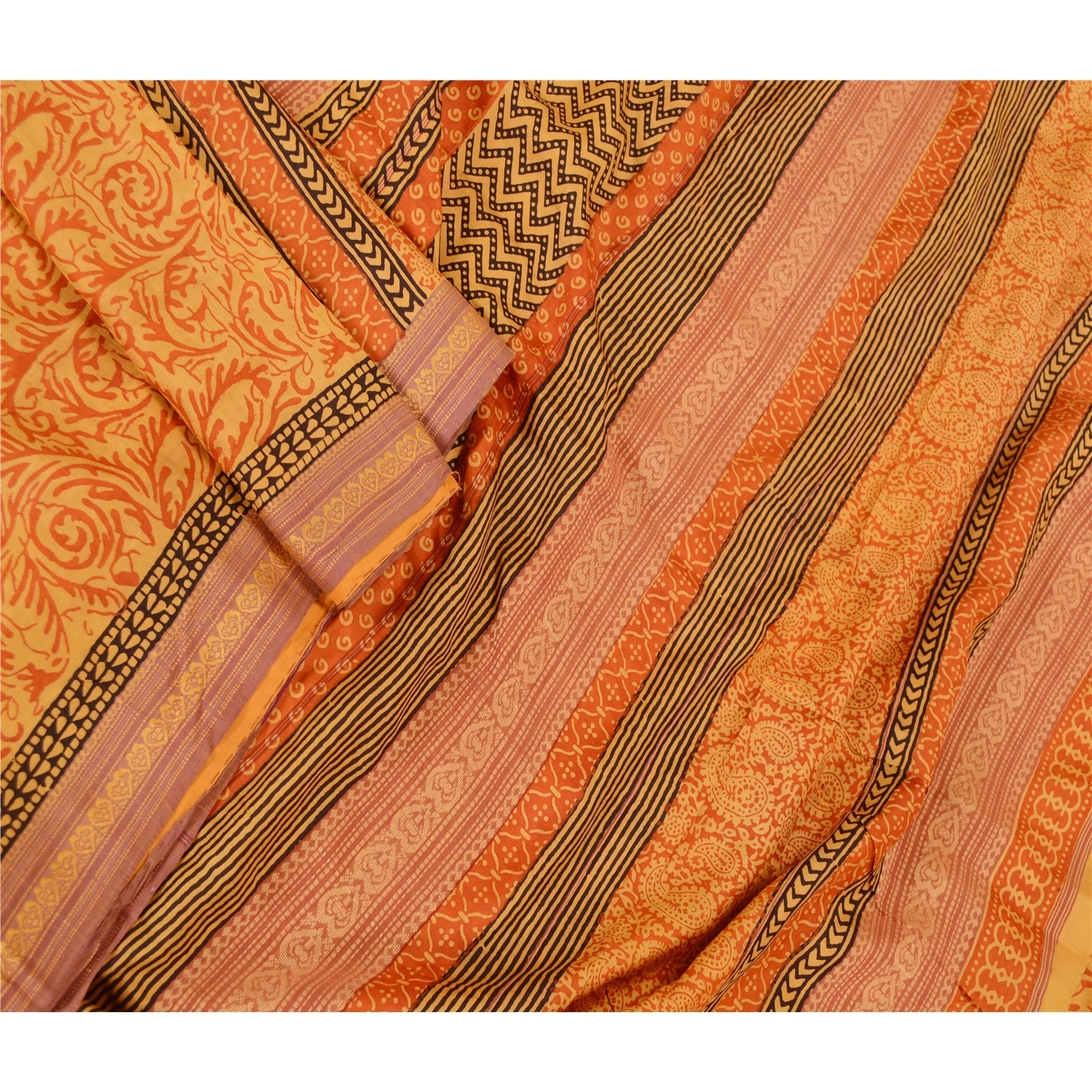 Sanskriti Vintage Sarees Orange Block Printed Pure Silk Sari Soft Craft Fabric, PR-61910-Orange-Pure Silk-1