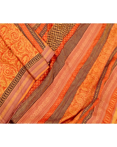 Sanskriti Vintage Sarees Orange Block Printed Pure Silk Sari Soft Craft Fabric, PR-61910-Orange-Pure Silk-1