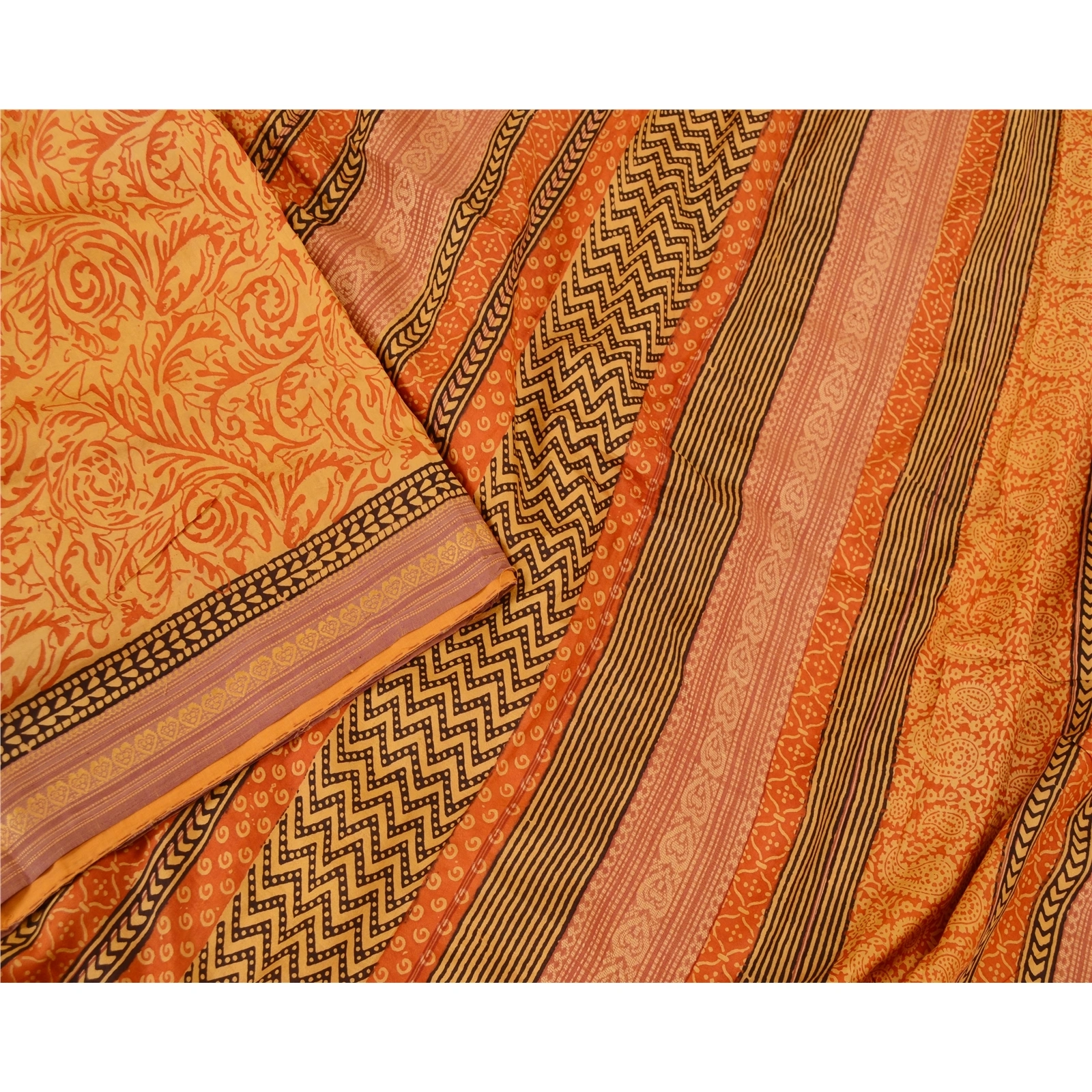 Sanskriti Vintage Sarees Orange Block Printed Pure Silk Sari Soft Craft Fabric, PR-61910-Orange-Pure Silk-2