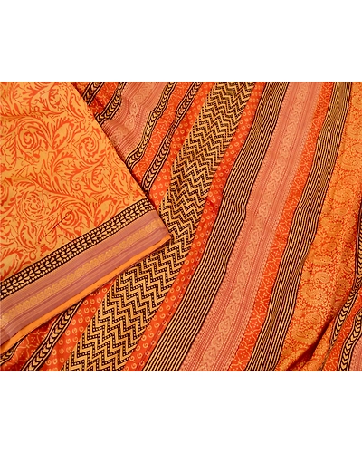 Sanskriti Vintage Sarees Orange Block Printed Pure Silk Sari Soft Craft Fabric, PR-61910-Orange-Pure Silk-2
