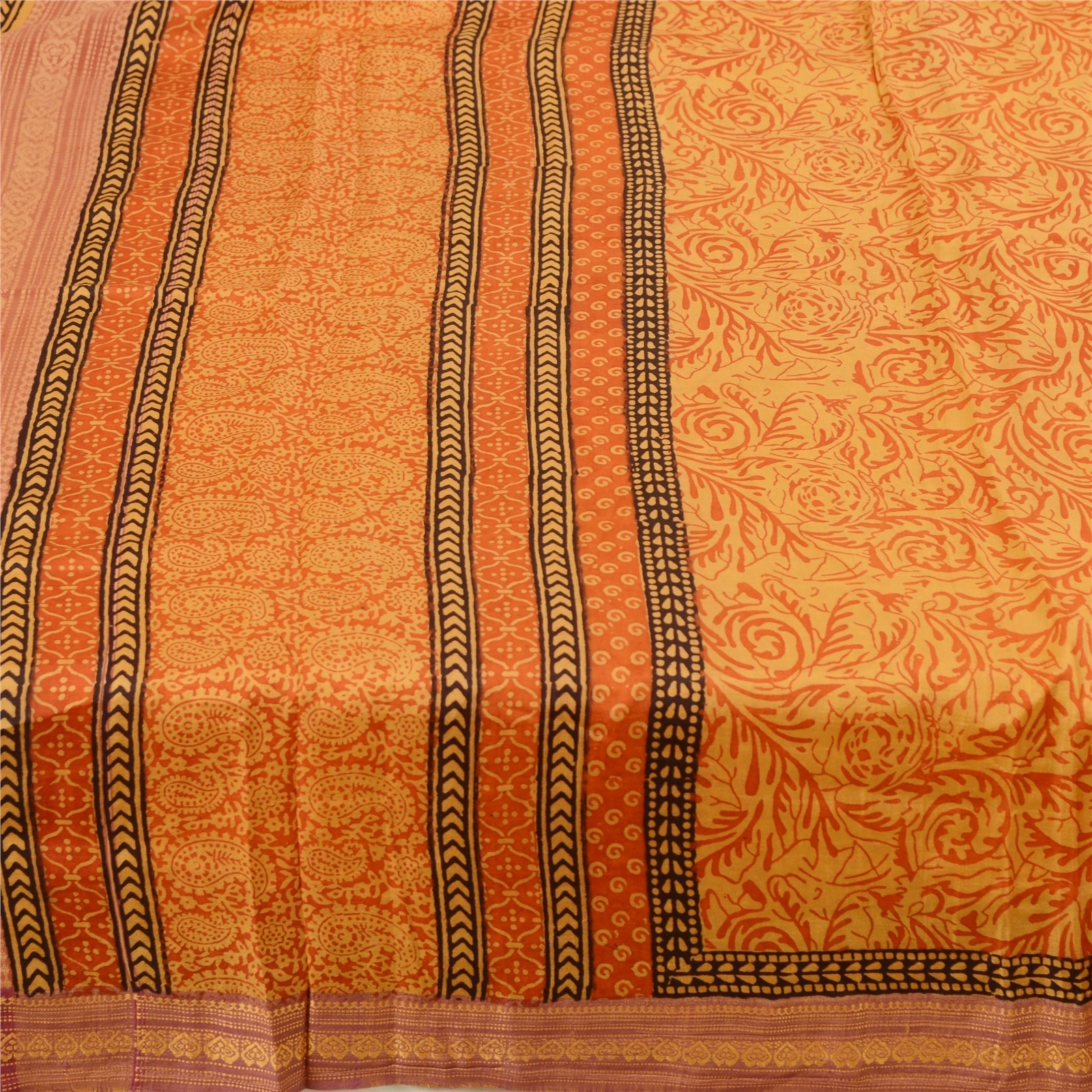 Sanskriti Vintage Sarees Orange Block Printed Pure Silk Sari Soft Craft Fabric, PR-61910-Orange-Pure Silk-3