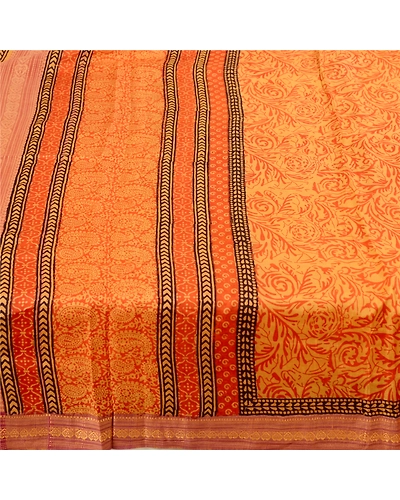 Sanskriti Vintage Sarees Orange Block Printed Pure Silk Sari Soft Craft Fabric, PR-61910-Orange-Pure Silk-3