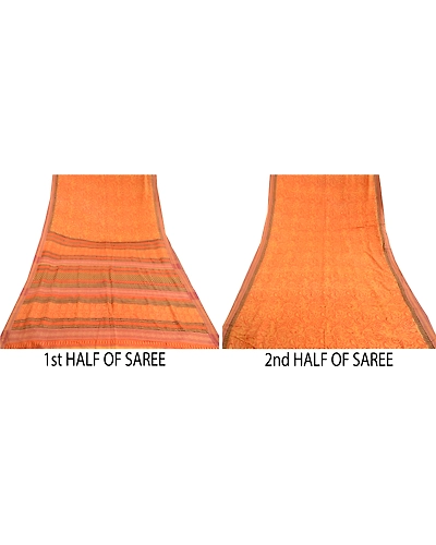 Sanskriti Vintage Sarees Orange Block Printed Pure Silk Sari Soft Craft Fabric, PR-61910-Orange-Pure Silk-4