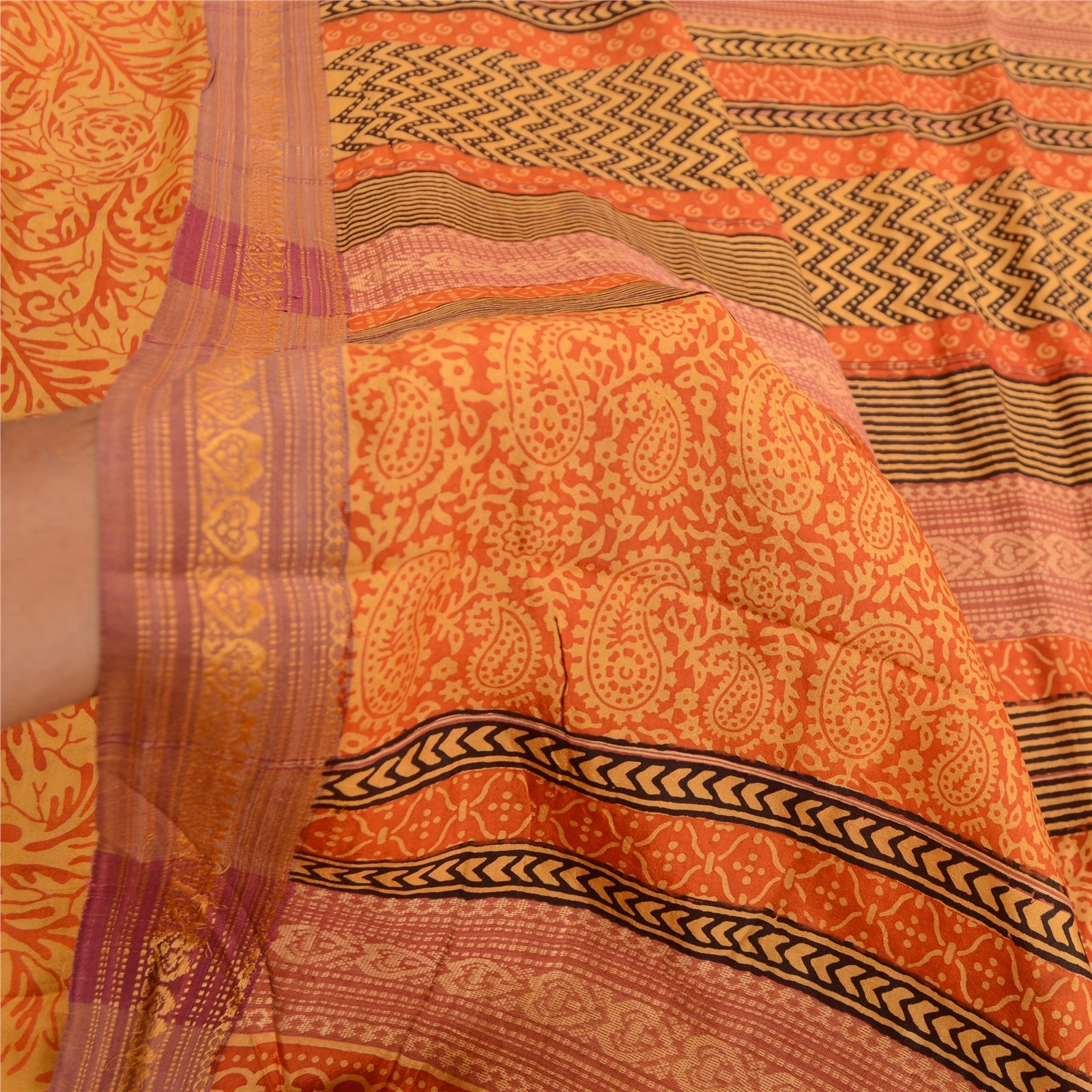 Sanskriti Vintage Sarees Orange Block Printed Pure Silk Sari Soft Craft Fabric, PR-61910-Orange-Pure Silk-5