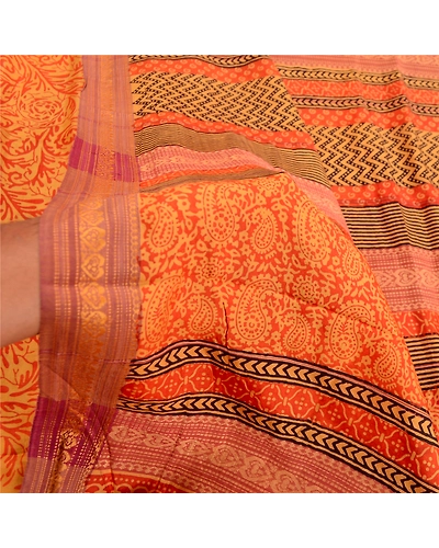 Sanskriti Vintage Sarees Orange Block Printed Pure Silk Sari Soft Craft Fabric, PR-61910-Orange-Pure Silk-5