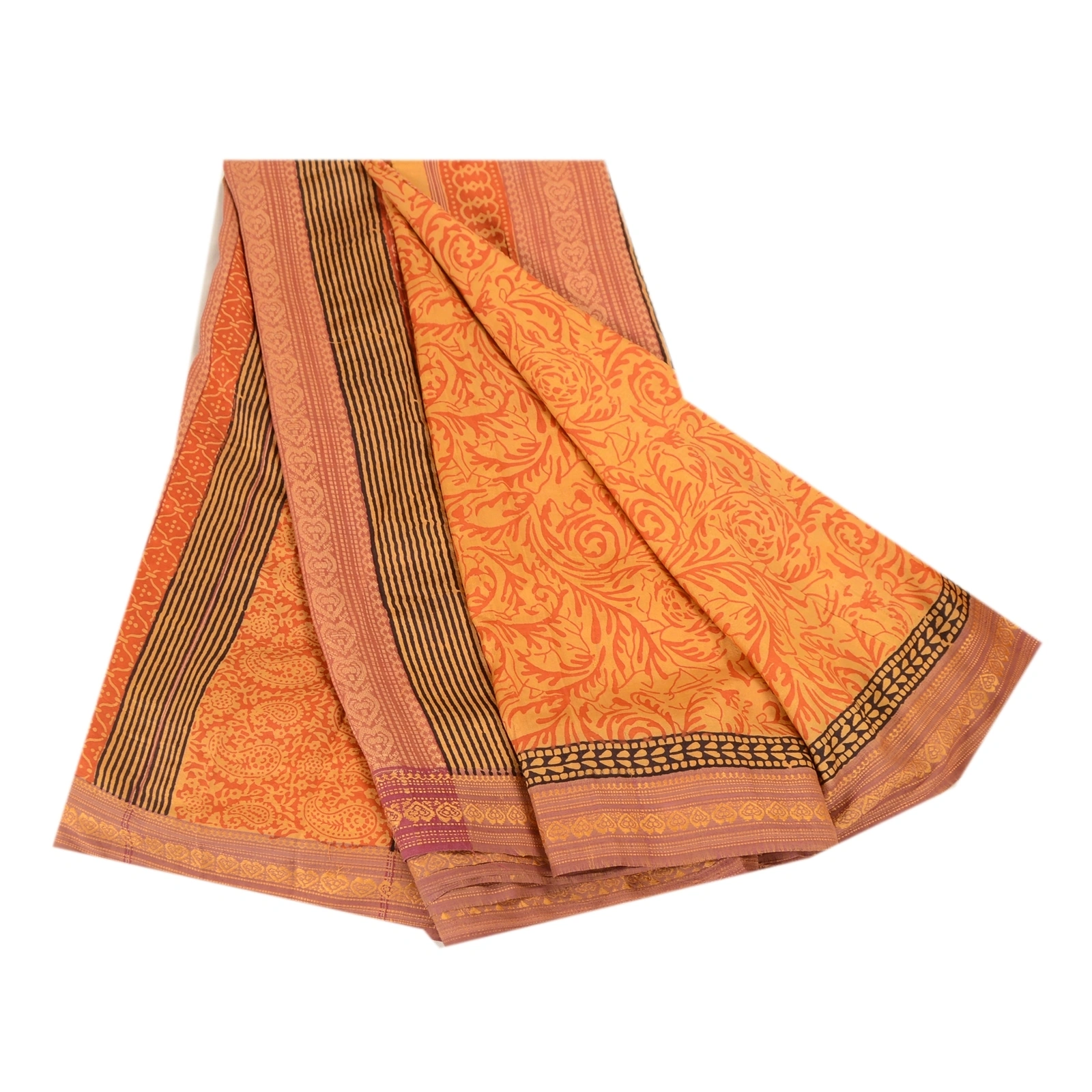 Sanskriti Vintage Sarees Orange Block Printed Pure Silk Sari Soft Craft Fabric, PR-61910-Orange-Pure Silk-6