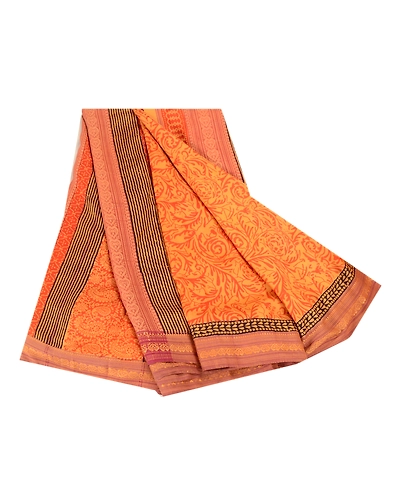 Sanskriti Vintage Sarees Orange Block Printed Pure Silk Sari Soft Craft Fabric, PR-61910-Orange-Pure Silk-6