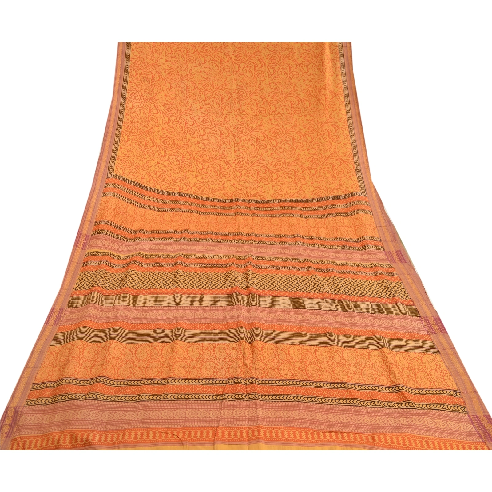 Sanskriti Vintage Sarees Orange Block Printed Pure Silk Sari Soft Craft Fabric, PR-61910-Orange-Pure Silk-7