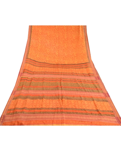 Sanskriti Vintage Sarees Orange Block Printed Pure Silk Sari Soft Craft Fabric, PR-61910-Orange-Pure Silk-7