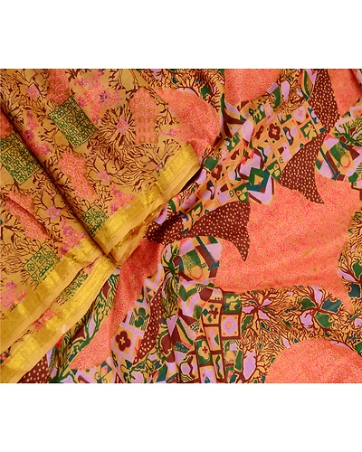 Sanskriti Vintage Sarees Saffron Pure Silk Printed Zari Border Sari Craft Fabric, PR-61913-Saffron-Pure Silk-1