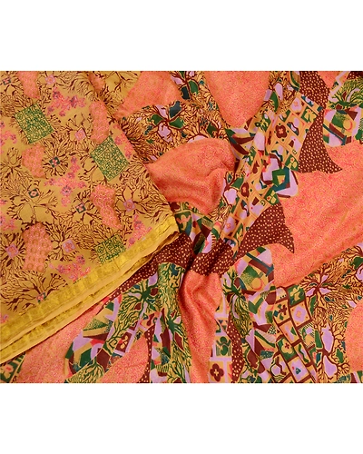 Sanskriti Vintage Sarees Saffron Pure Silk Printed Zari Border Sari Craft Fabric, PR-61913-Saffron-Pure Silk-2