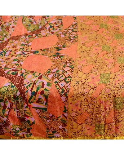 Sanskriti Vintage Sarees Saffron Pure Silk Printed Zari Border Sari Craft Fabric, PR-61913-Saffron-Pure Silk-3