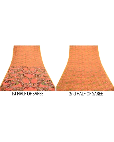 Sanskriti Vintage Sarees Saffron Pure Silk Printed Zari Border Sari Craft Fabric, PR-61913-Saffron-Pure Silk-4