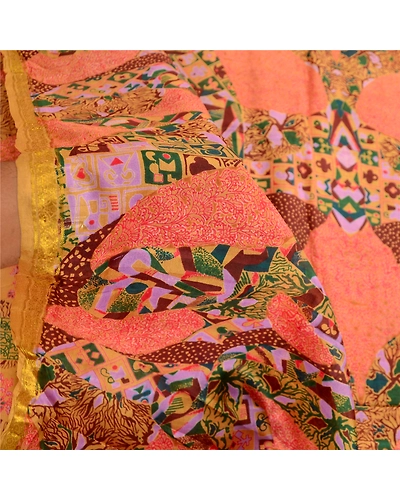 Sanskriti Vintage Sarees Saffron Pure Silk Printed Zari Border Sari Craft Fabric, PR-61913-Saffron-Pure Silk-5