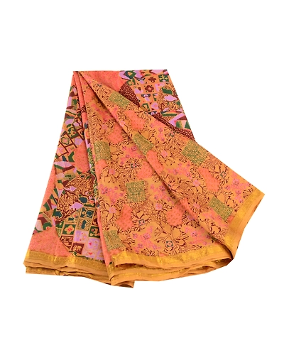 Sanskriti Vintage Sarees Saffron Pure Silk Printed Zari Border Sari Craft Fabric, PR-61913-Saffron-Pure Silk-6