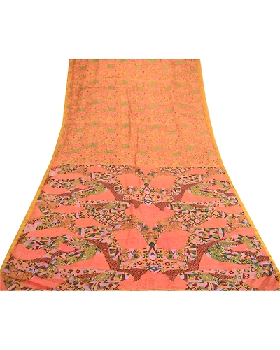 Sanskriti Vintage Sarees Saffron Pure Silk Printed Zari Border Sari Craft Fabric, PR-61913-Saffron-Pure Silk-7