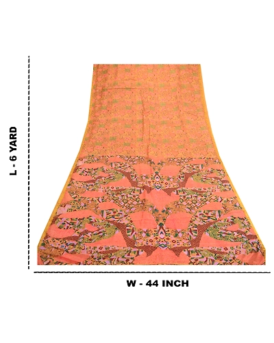 Sanskriti Vintage Sarees Saffron Pure Silk Printed Zari Border Sari Craft Fabric, PR-61913-Saffron-Pure Silk-8