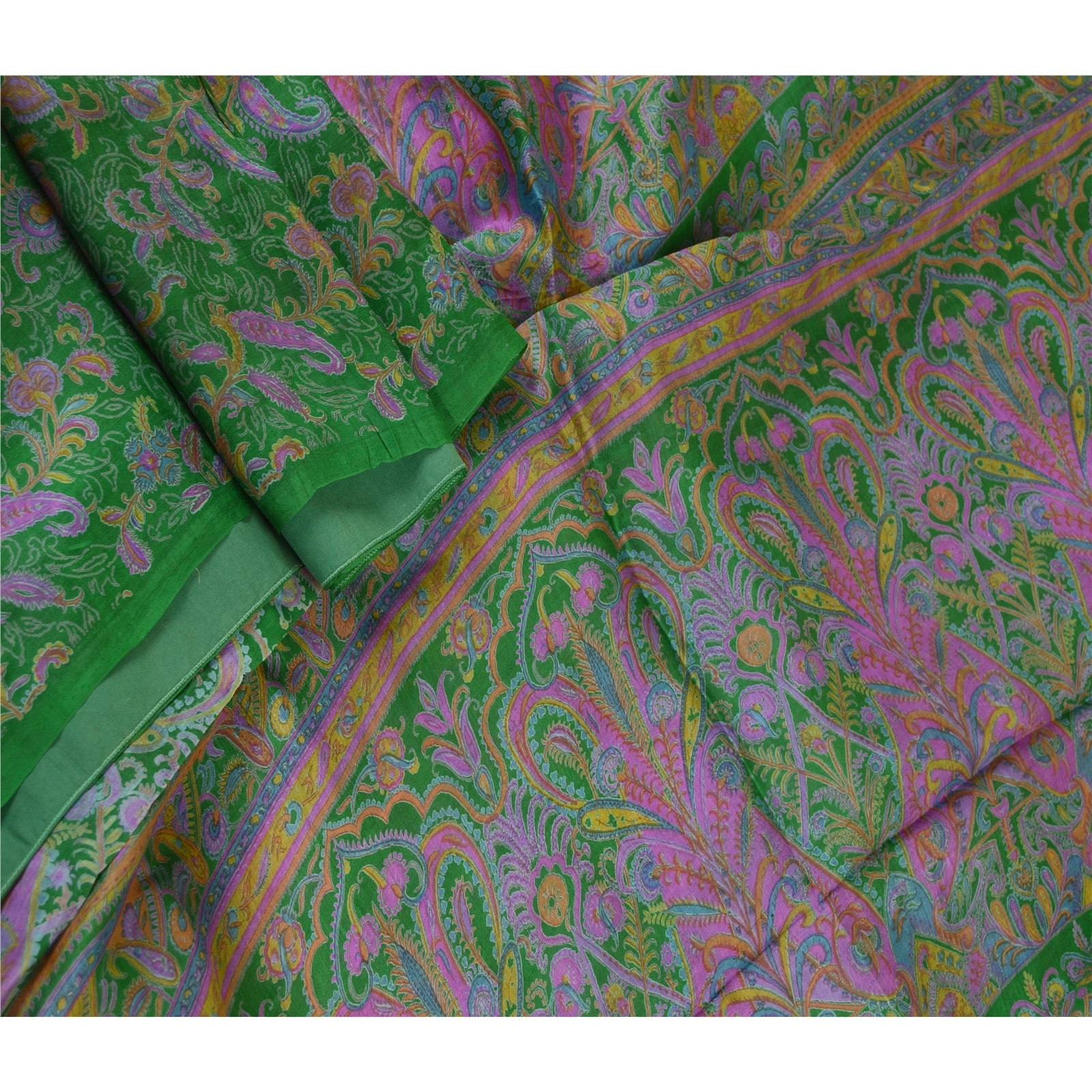 Sanskriti Vintage Sarees From India Green Pure Silk Printed Sari Craft Fabric, PR-61929-Green-Pure Silk-1