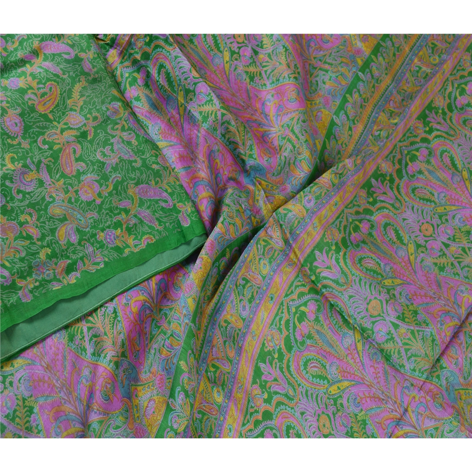 Sanskriti Vintage Sarees From India Green Pure Silk Printed Sari Craft Fabric, PR-61929-Green-Pure Silk-2