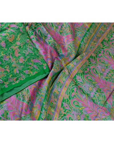 Sanskriti Vintage Sarees From India Green Pure Silk Printed Sari Craft Fabric, PR-61929-Green-Pure Silk-2