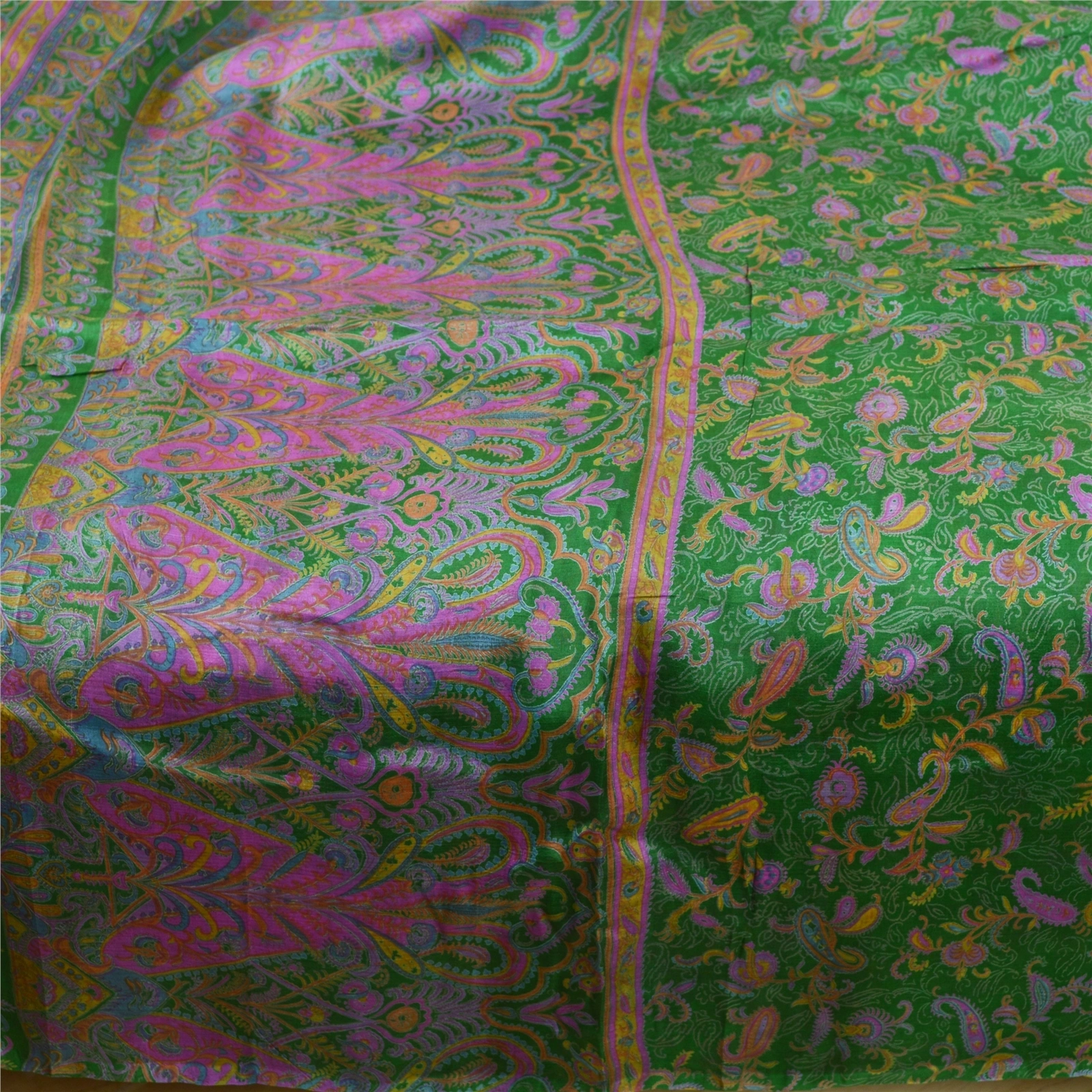 Sanskriti Vintage Sarees From India Green Pure Silk Printed Sari Craft Fabric, PR-61929-Green-Pure Silk-3