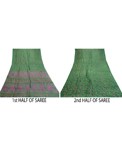 Sanskriti Vintage Sarees From India Green Pure Silk Printed Sari Craft Fabric, PR-61929-Green-Pure Silk-4
