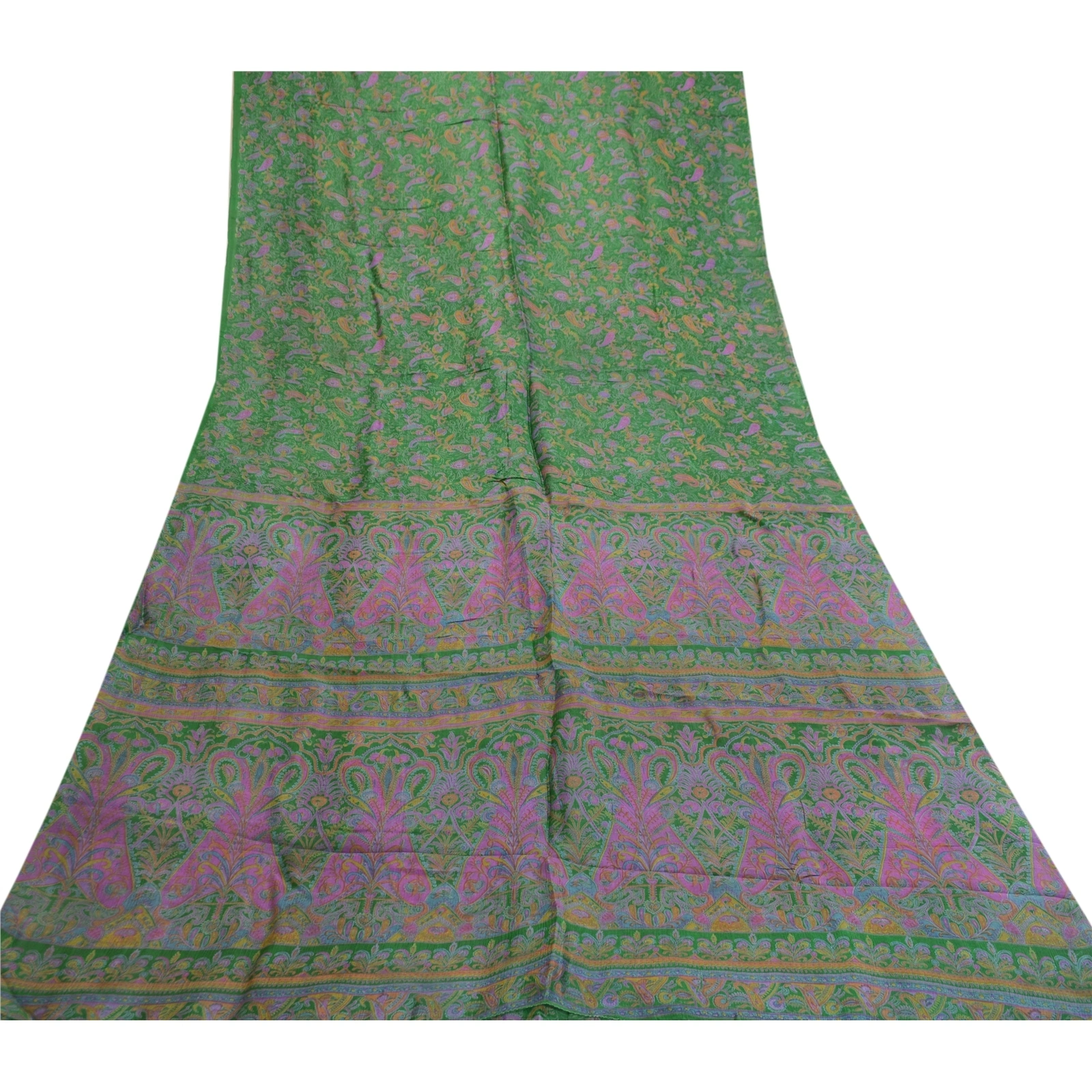 Sanskriti Vintage Sarees From India Green Pure Silk Printed Sari Craft Fabric, PR-61929-Green-Pure Silk-7