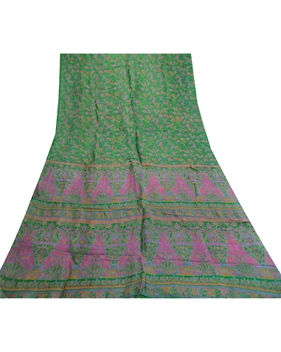Sanskriti Vintage Sarees From India Green Pure Silk Printed Sari Craft Fabric, PR-61929-Green-Pure Silk-7