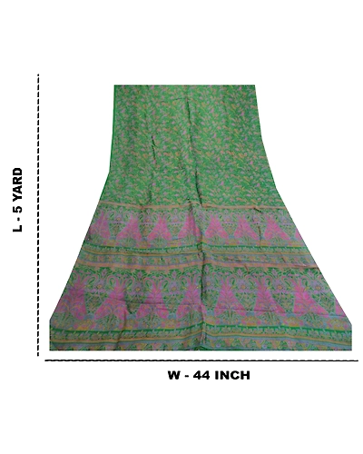 Sanskriti Vintage Sarees From India Green Pure Silk Printed Sari Craft Fabric, PR-61929-Green-Pure Silk-8