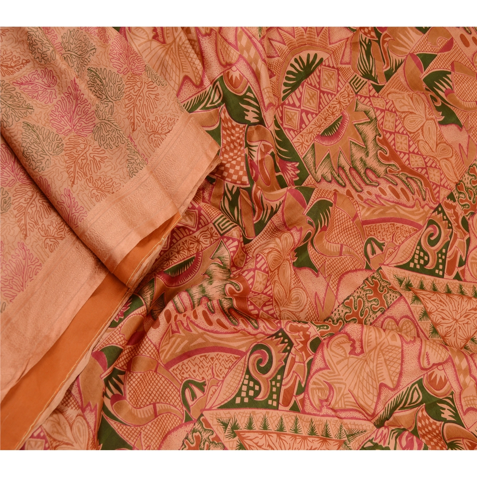 Sanskriti Vintage Sarees Peach 100% Pure Silk Printed Sari Floral Craft Fabric, PR-61930-Peach-Pure Silk-1