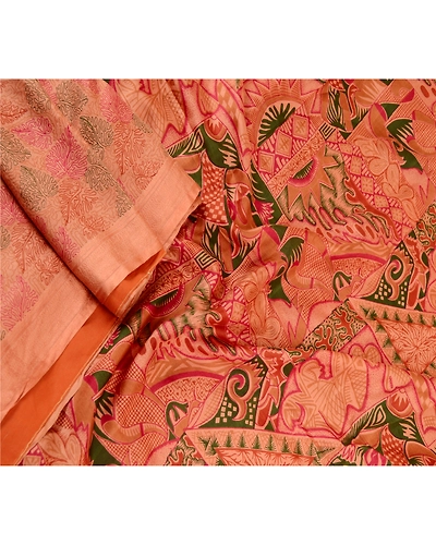 Sanskriti Vintage Sarees Peach 100% Pure Silk Printed Sari Floral Craft Fabric, PR-61930-Peach-Pure Silk-1