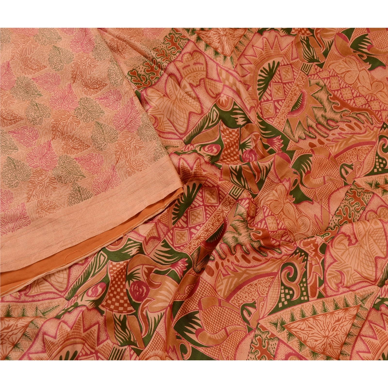 Sanskriti Vintage Sarees Peach 100% Pure Silk Printed Sari Floral Craft Fabric, PR-61930-Peach-Pure Silk-2