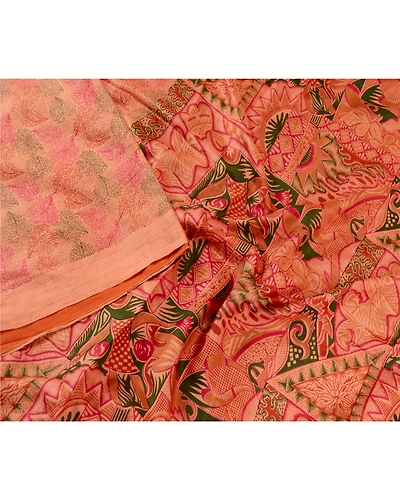 Sanskriti Vintage Sarees Peach 100% Pure Silk Printed Sari Floral Craft Fabric, PR-61930-Peach-Pure Silk-2